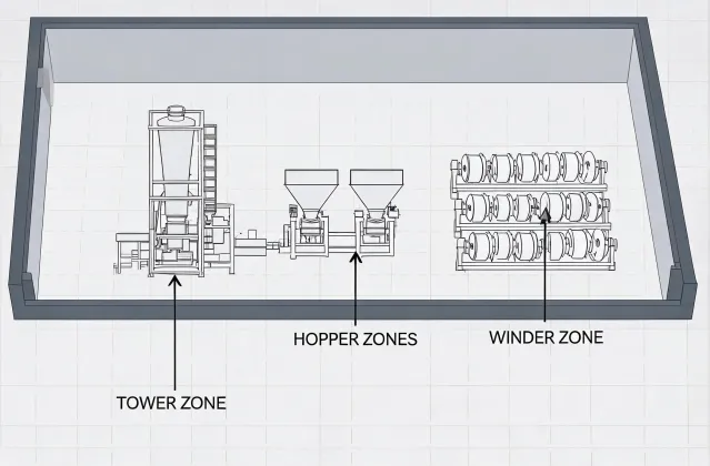 Diagram-style illustration of a blown-film plant layout for RFQ planning, not a real office map