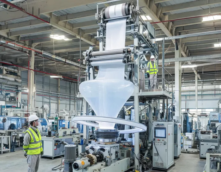 Blown-film tower with bubble, haul-off and winder in a plastics plant